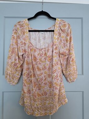 Lucky Brand Boho Paisley Top M Pink Orange Peasant Blouse Flowy
